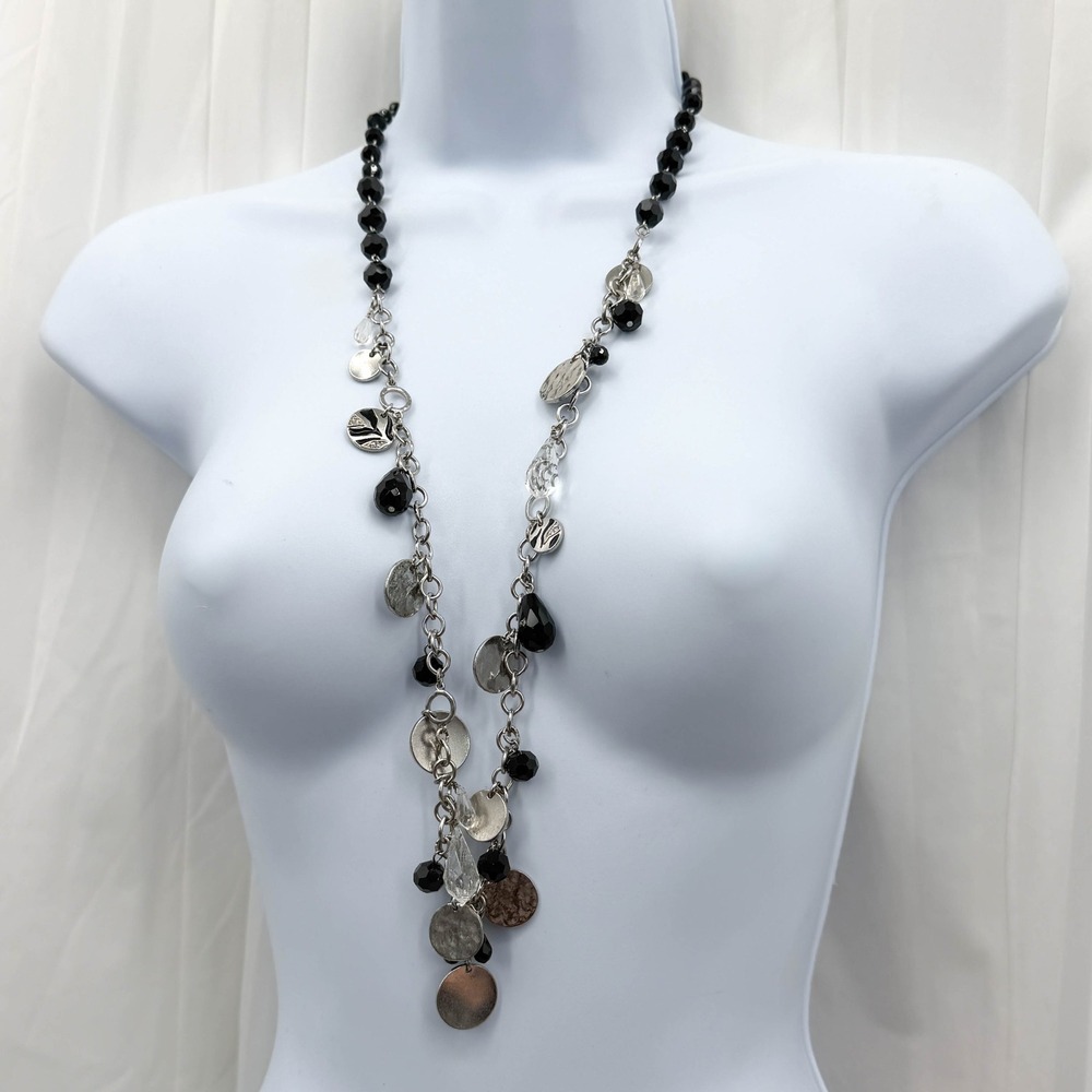 White House Black Market Silver Tone Black Zebra Print Crystal Charm Necklace